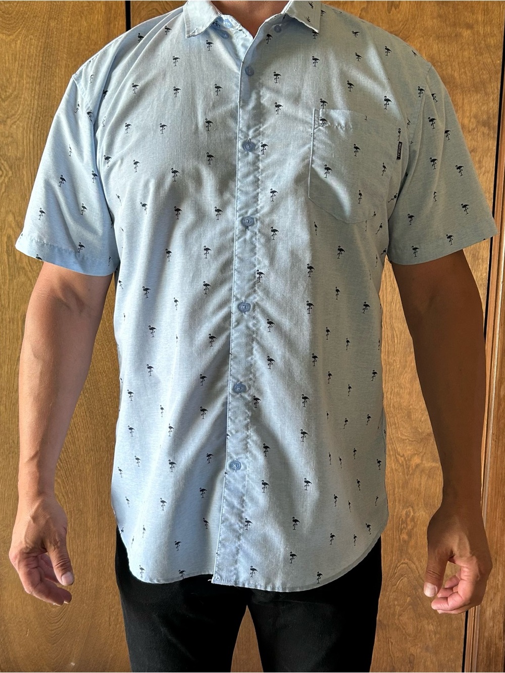 MOLOKAI Surf Co. Short Sleeve Shirt in Light Blue with Black Print
